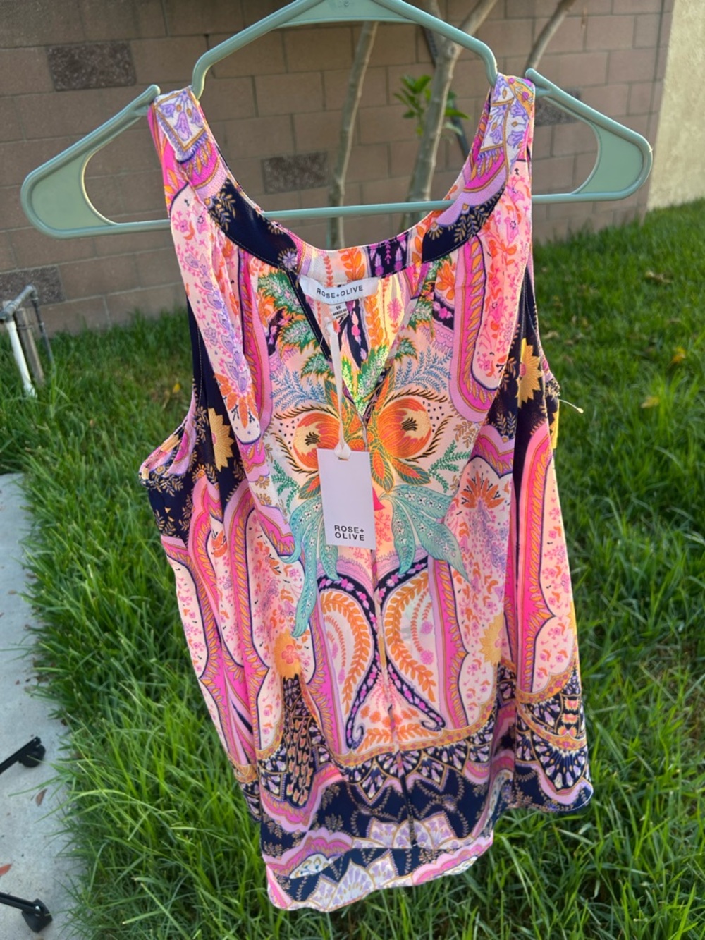 Rose & Olive Bright Pink & Navy Paisley Tank Top
